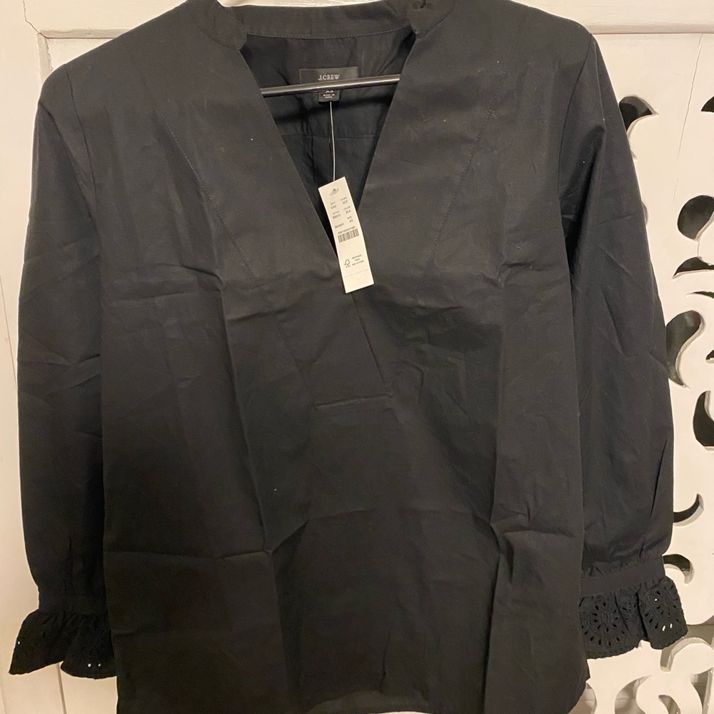 J Crew black V neck 100% cotton top. Cuff detail, shown. XS. NWT.